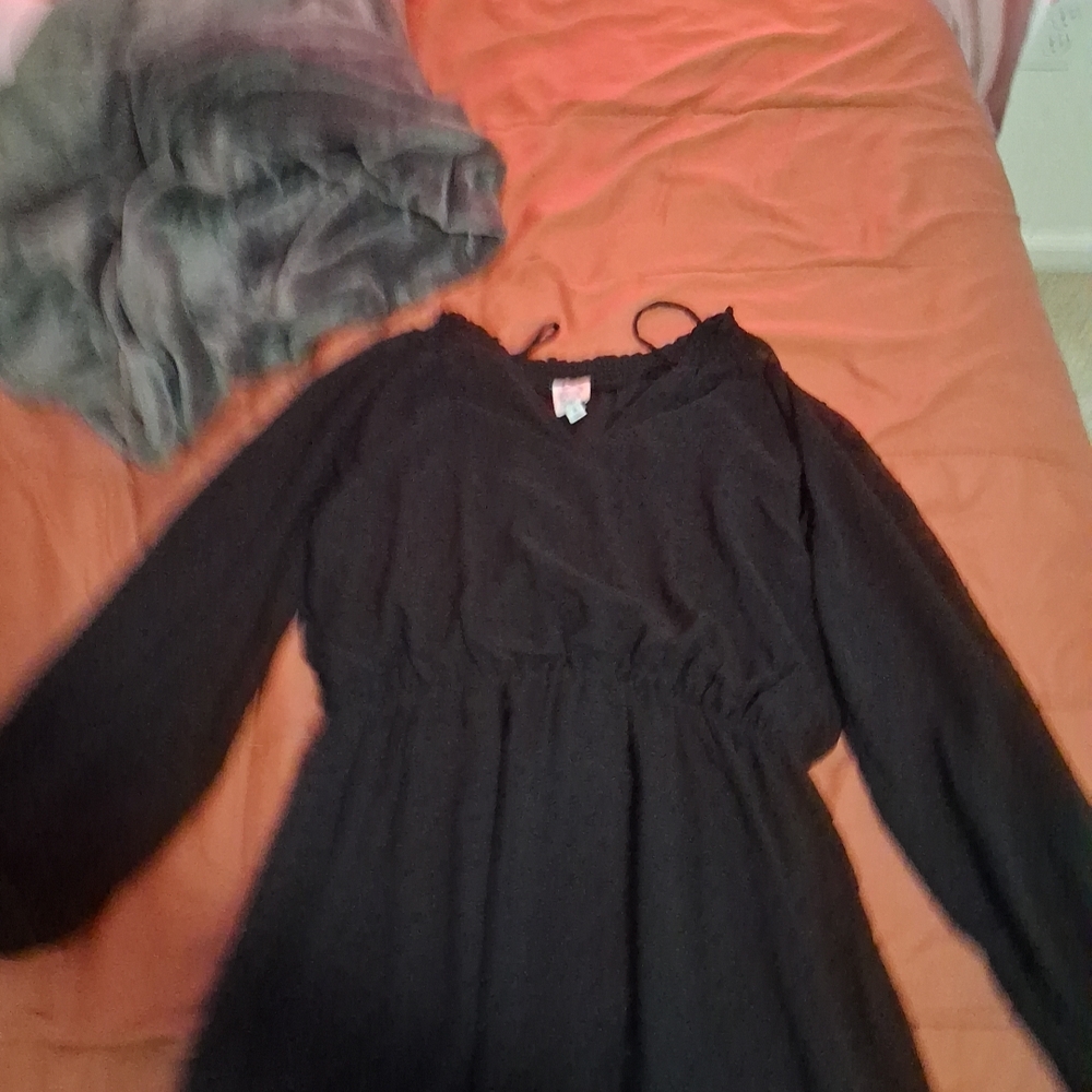 Blue Rain Black Bishop Sleeve V-Neck Sundress
